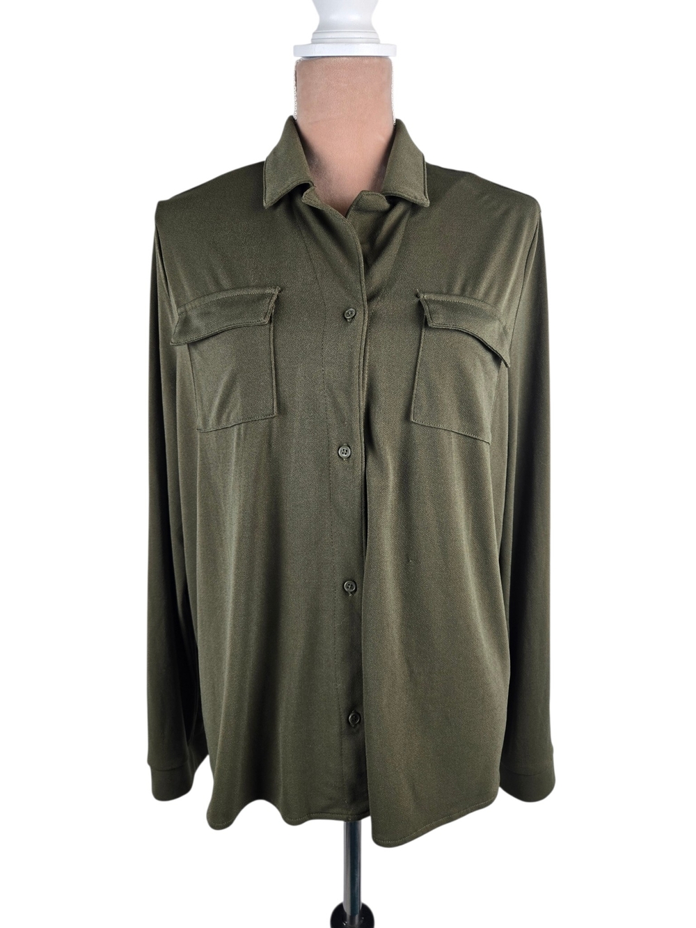 Adrianna Papell Button Down Blouse NWOT Collared Utility Pockets Olive XL